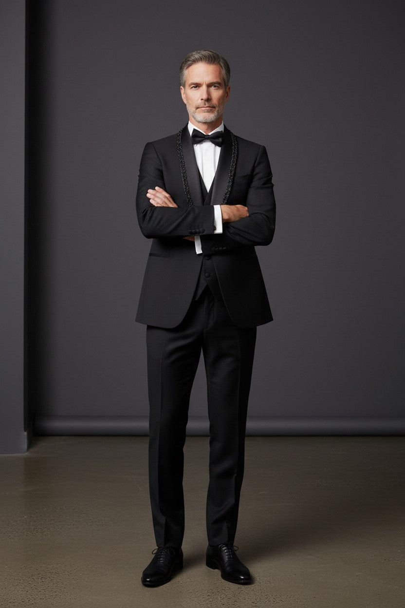 Black Crystal-Embellished Shawl Lapel Double-Breasted Tuxedo