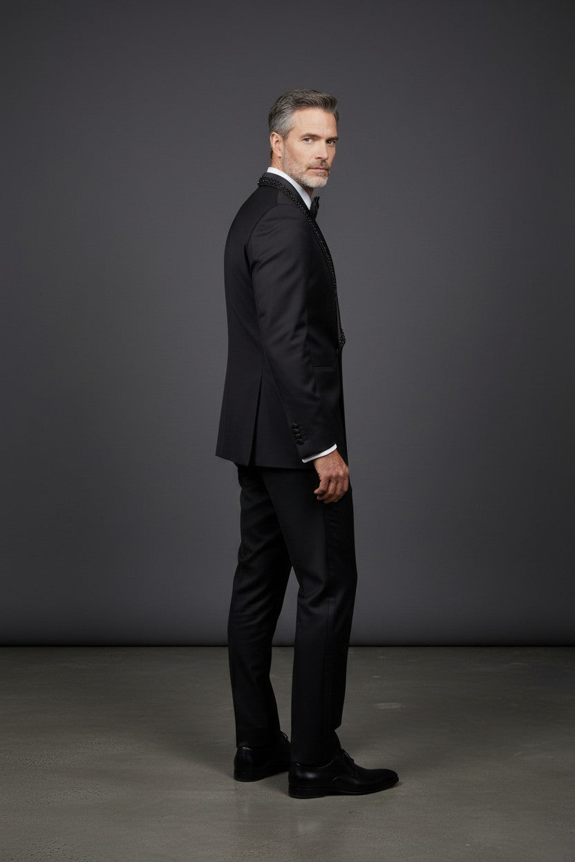 Black Crystal-Embellished Shawl Lapel Double-Breasted Tuxedo