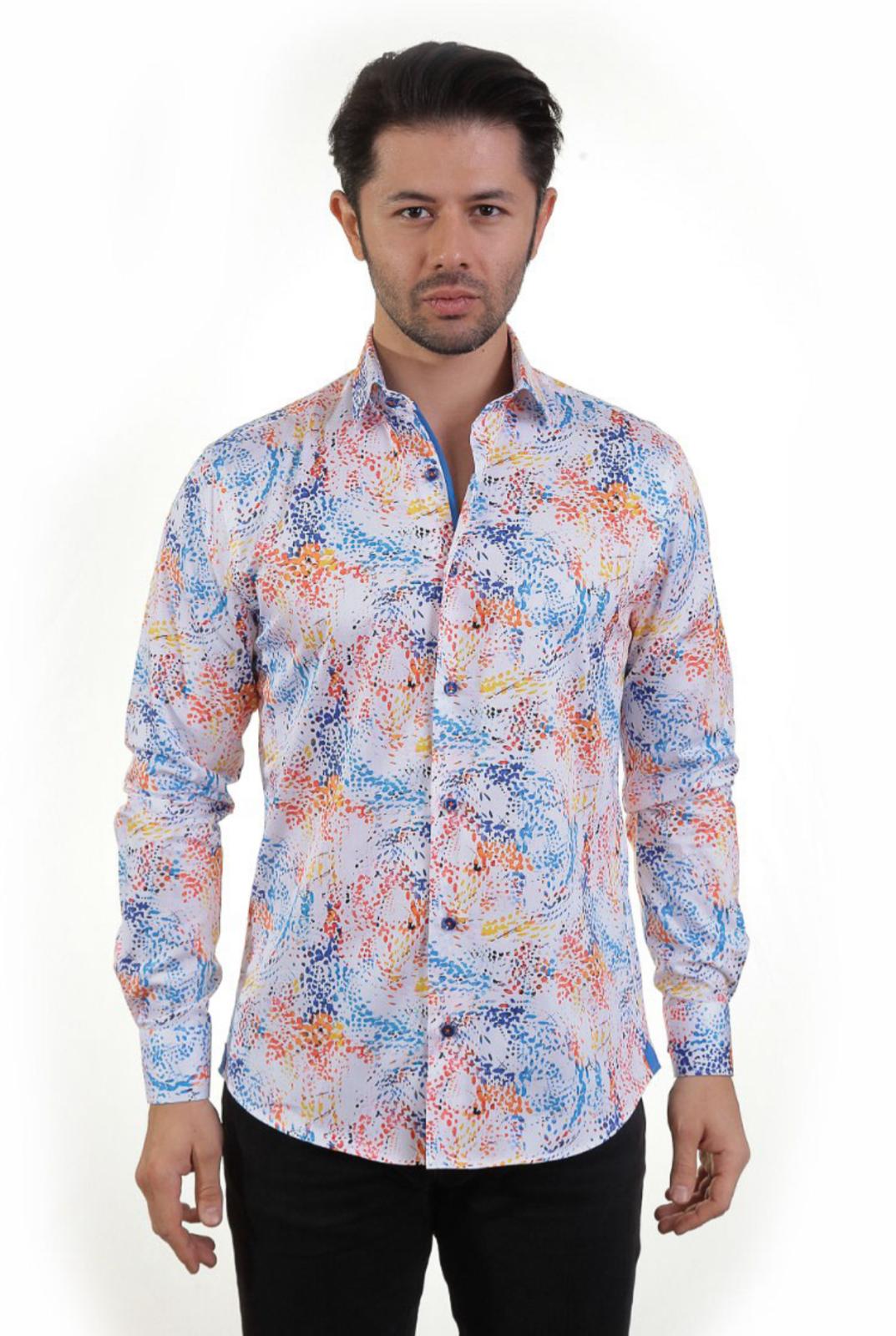 Blue Shirt With Wave Orange Yellow Design