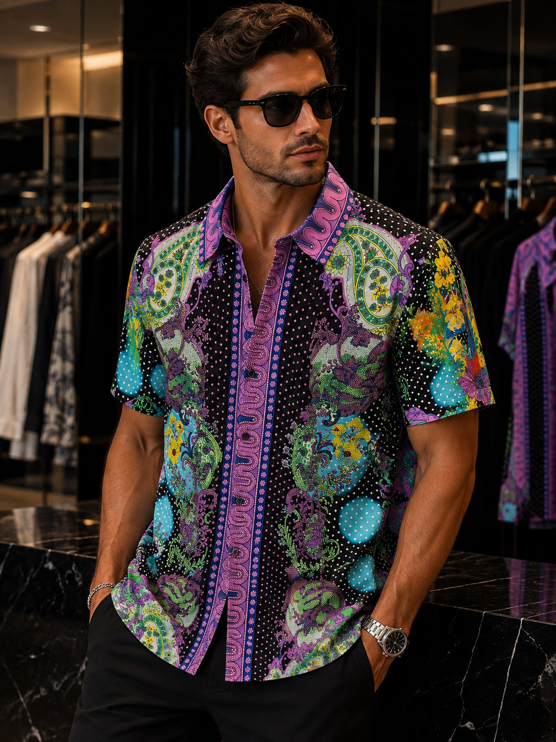 Rhinestone Print Short-Sleeve Shirt