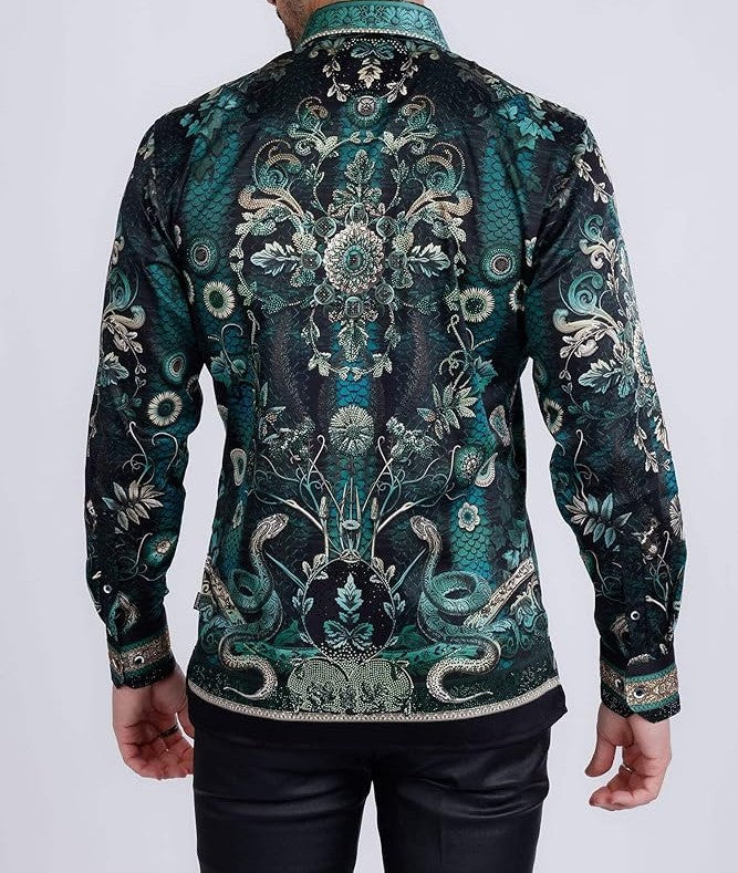 Men's Rhinestone Floral Snake Skin Long Sleeve Shirts