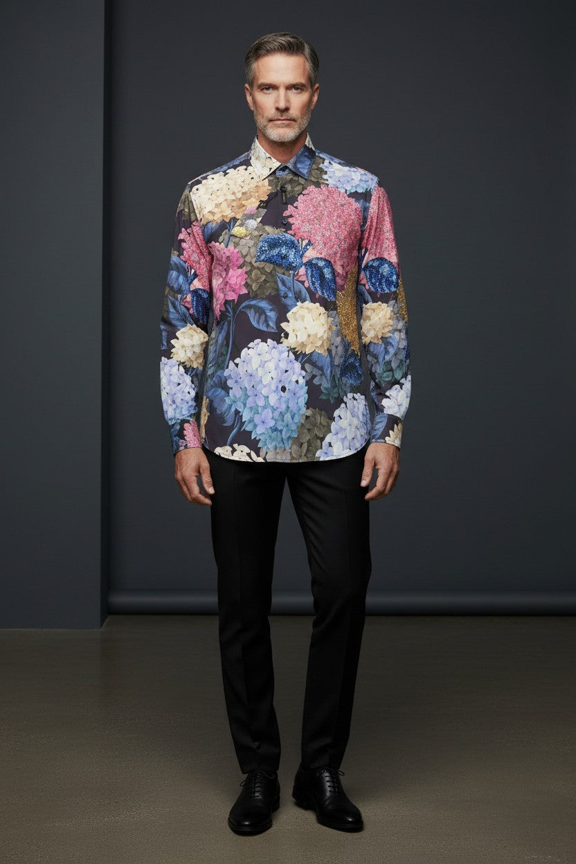 Vercini Slim Fit Long Sleeve Floral Shirt with Rhinestone Accents