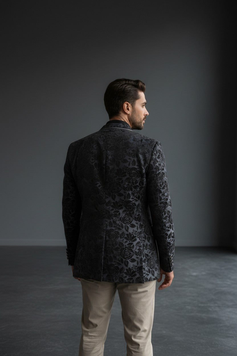 Black Floral Velvet Tuxedo with Mandarin Collar & Grey Satin Accents