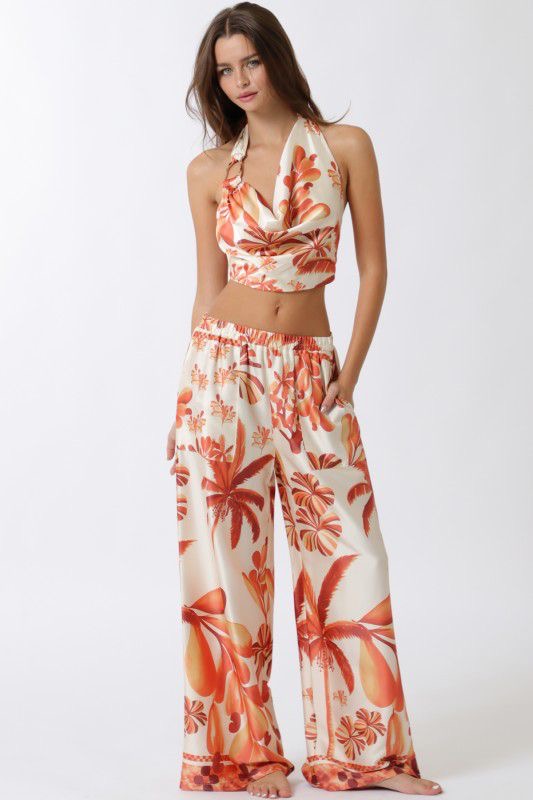 Tropical Palm Print Satin Halter Crop Top & Wide Leg Pants Set