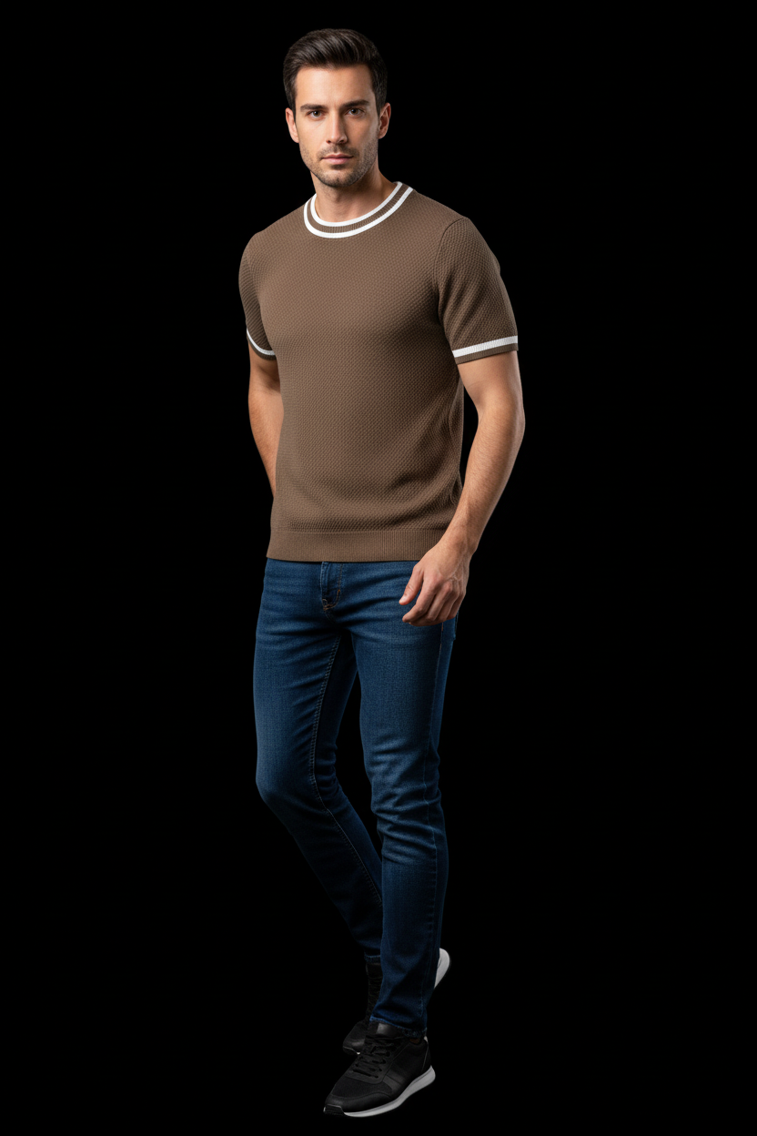 Modern Textured Knit Cotton Sweater with Contrast Trim