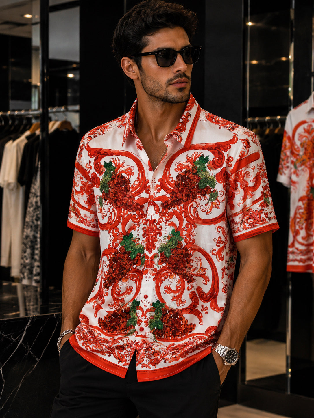 Rhinestone Print Short-Sleeve Shirt