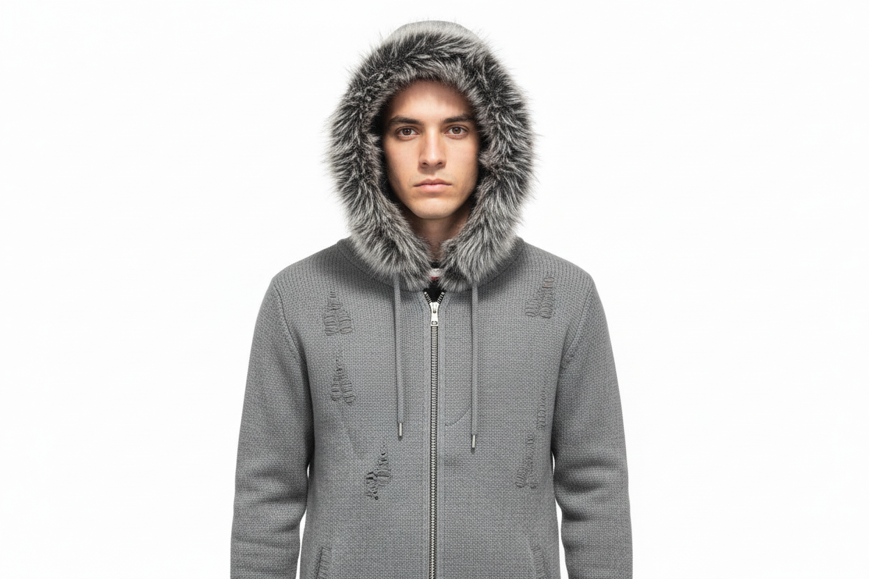 KNITTED ZIP UP SWEATER WITH FAUX FUR