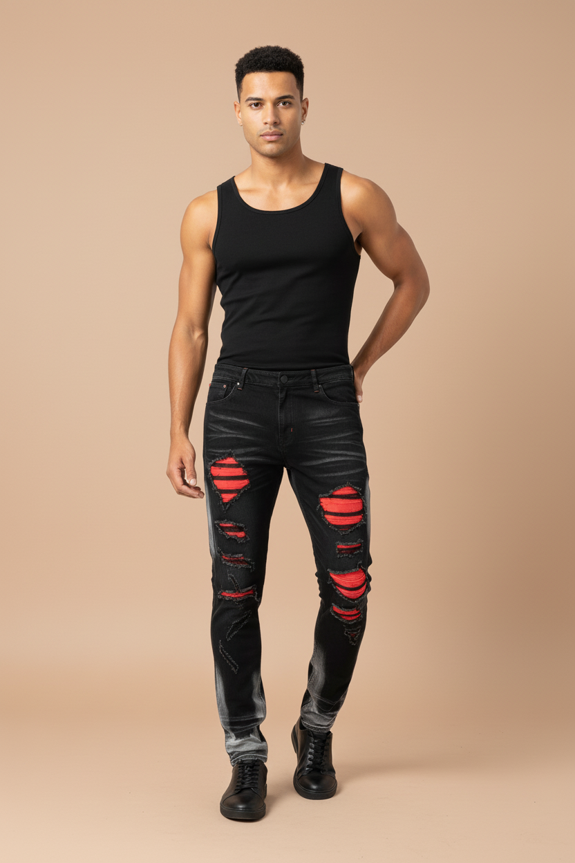 BLACK RED CUT JEANS