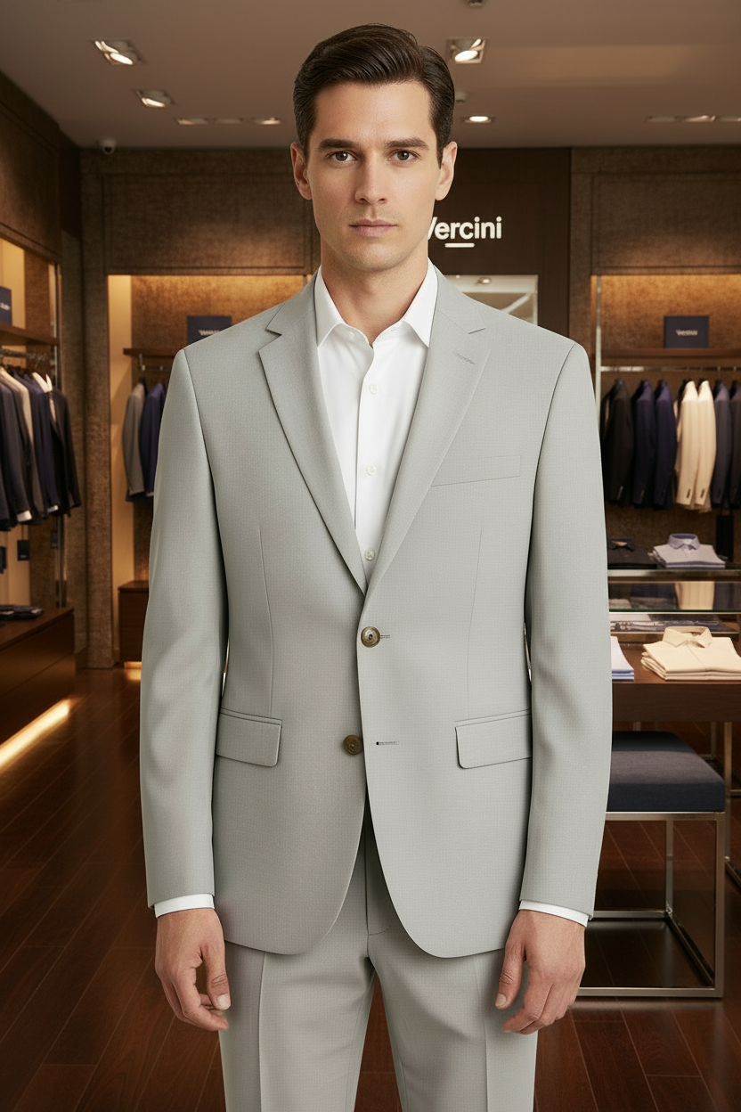 A light gray Vercini men's suit with notched lapels, two brown front buttons, three exterior pockets, and four brown buttons on each sleeve cuff displayed on a white background.