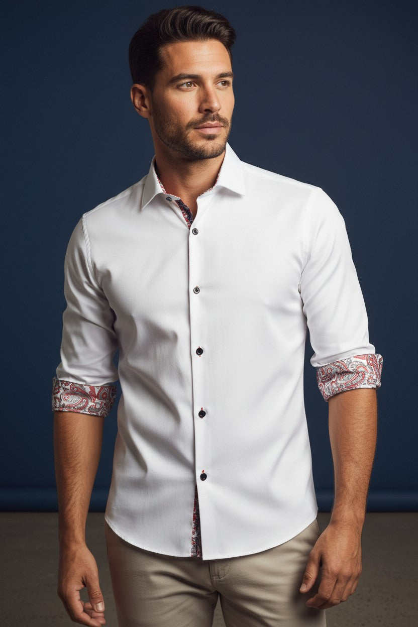 Vercini Modern Elegance White Textured Dress Shirt with Red Accents