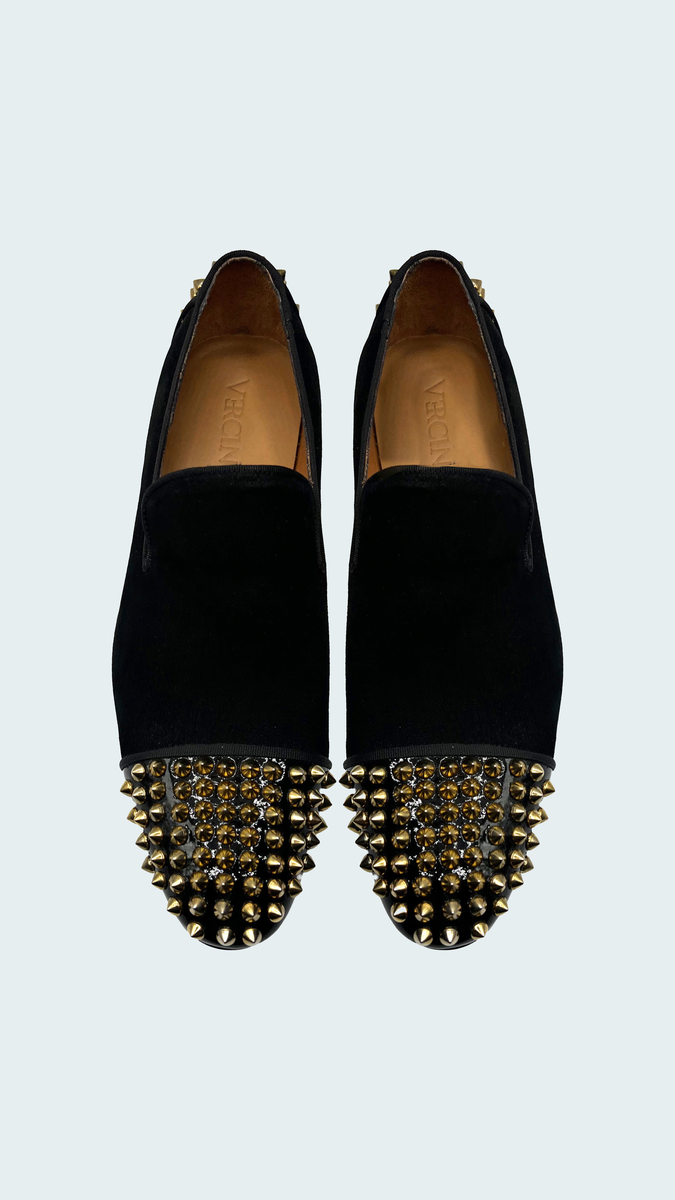Men's Black Suede Loafers with Bold Gold Spiked Embellishments by