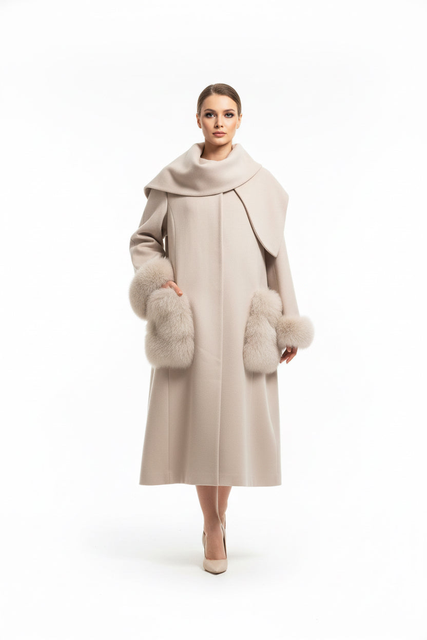 wool blend coat with large plush hoodfur cuffs