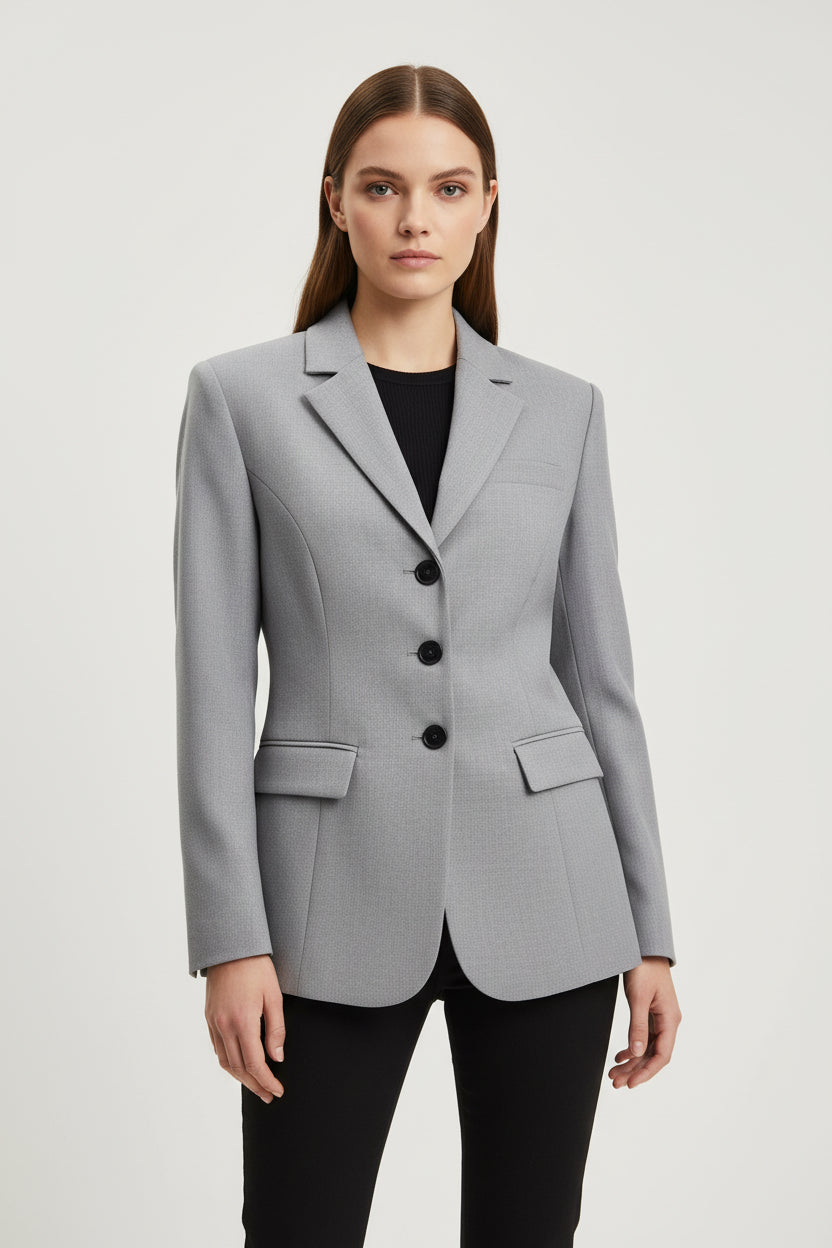 Denim blue fitted blazer, notably similar to the Fitted Button-Front Blazer