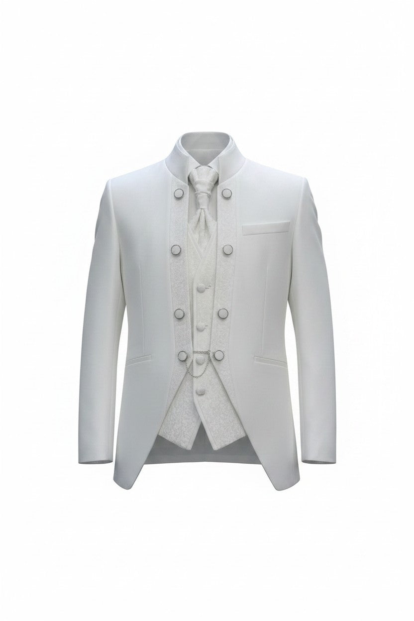 Mandarin Collar Tuxedo with Jacquard Vest – Black & Off White