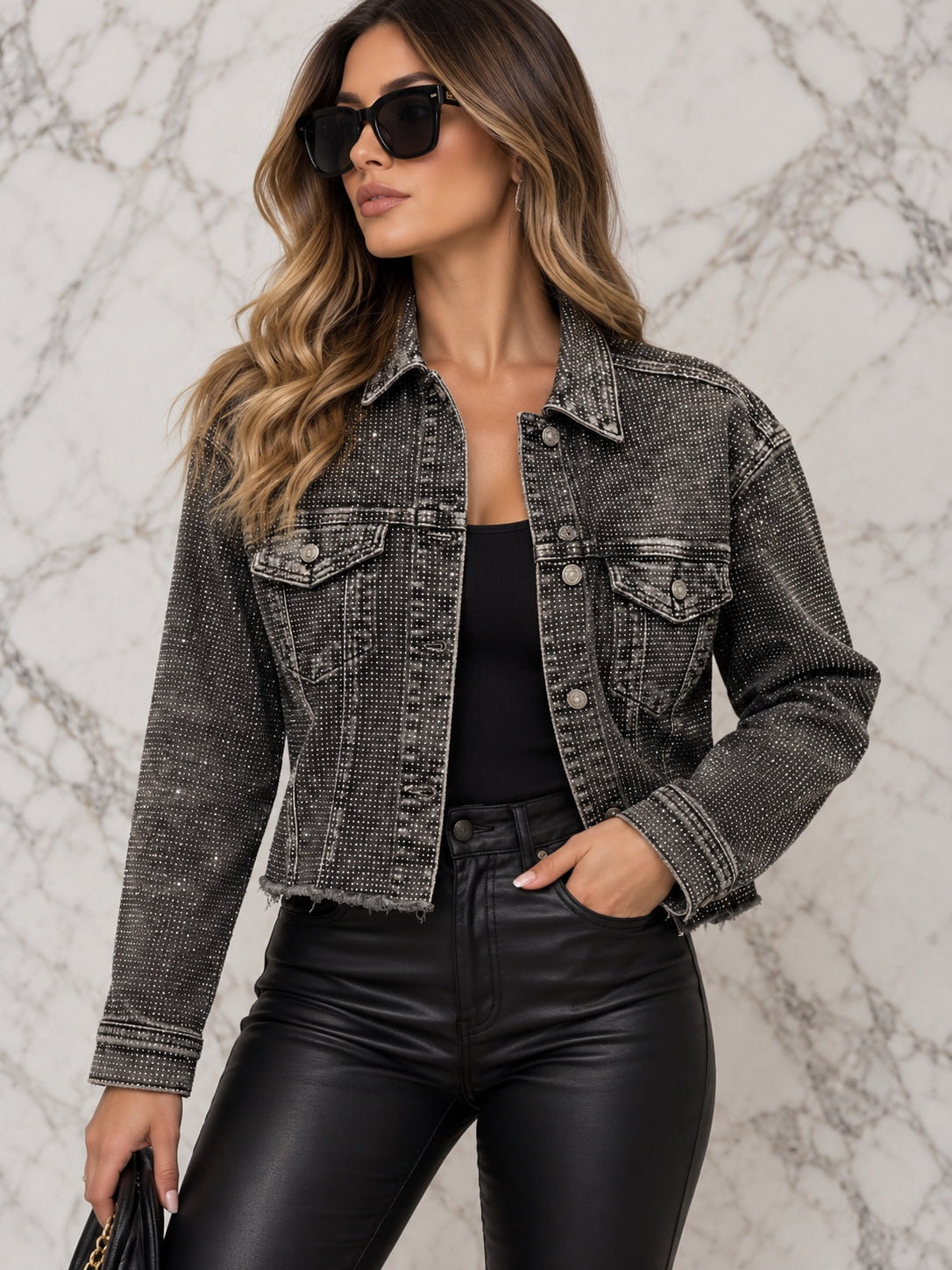 RHINESTONE CROPPED DENIM JACKET