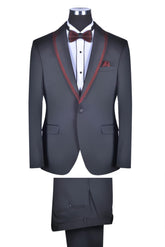 Vercini Evening Tuxedo featuring a sleek shawl lapel adorned with a striking shiny red trim.g