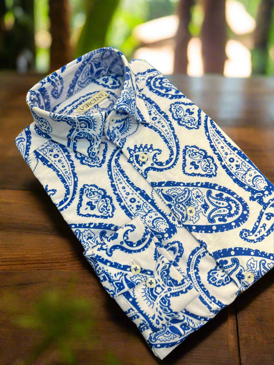 Riviera Paisley Shirt – White & Royal Blue