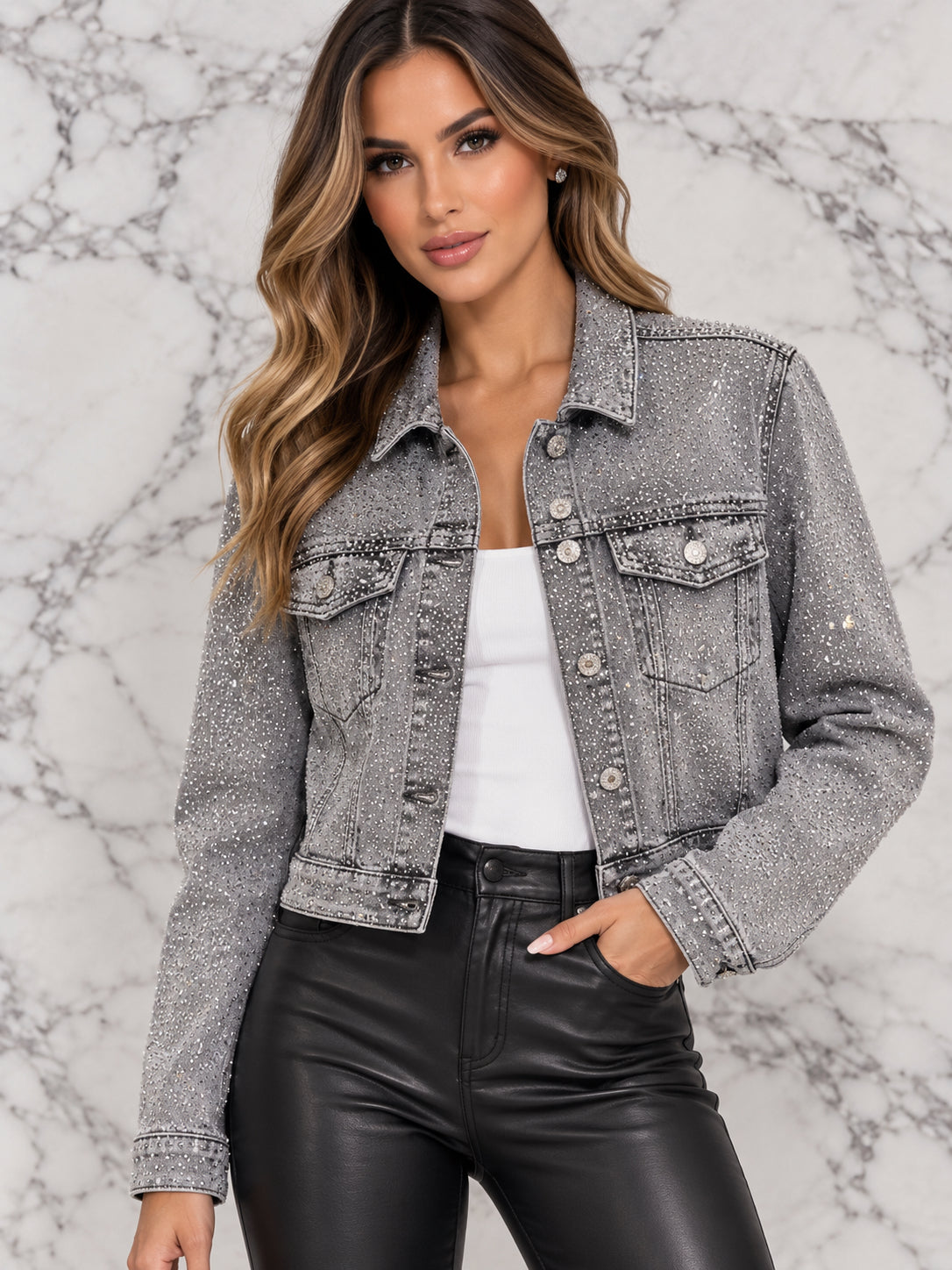 Grey Rhinestone Cropped Denim Jacket