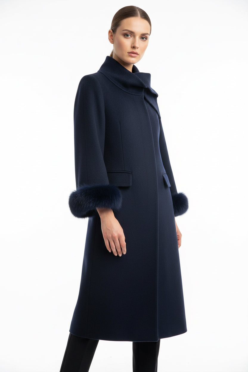 wool blend coat with large plush hoodfur cuffs