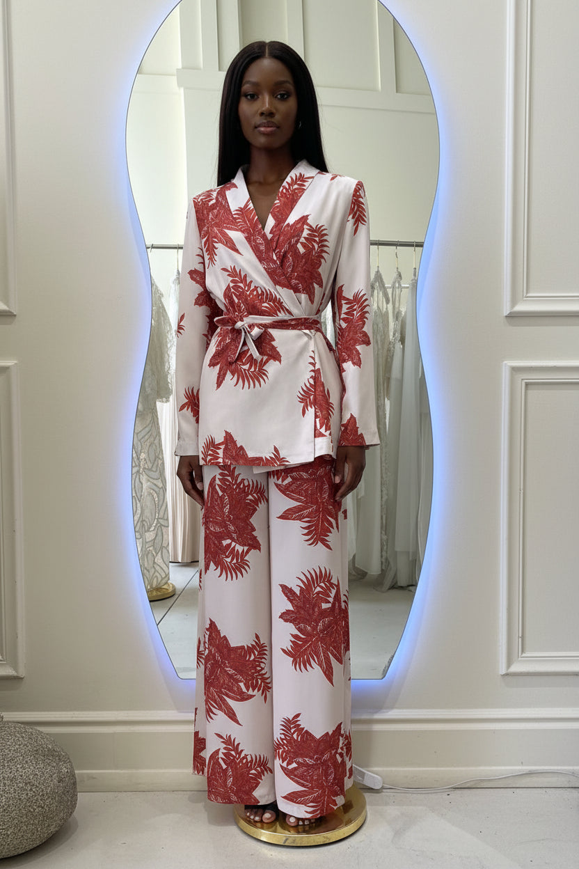 TWO PIECE SET RED BOTANICAL PRINT