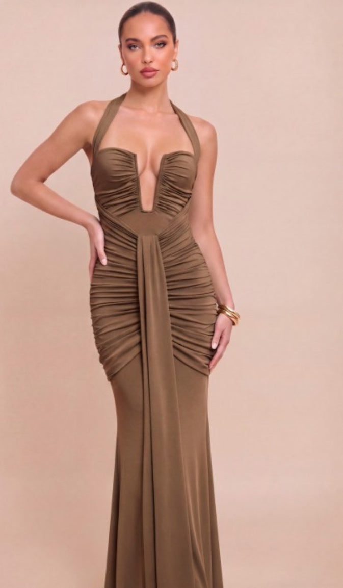 Halter Plunge Ruched Evening Gown