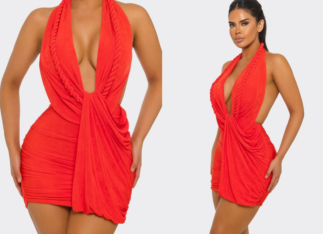 Red Draped Halter Mini Dress
