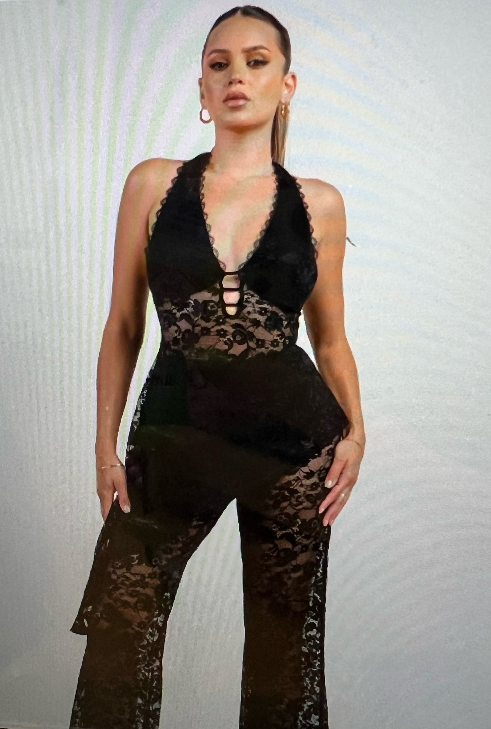 HALTER NECK DEEP PLUNGE ASYMMETRICAL HEM TOP AND SEETHROU PANTS