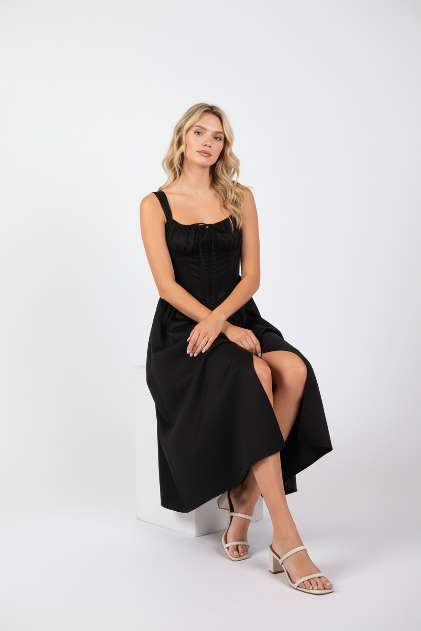 STRETCH POPLIN CORSET ALINE MAXISLIT DRESS