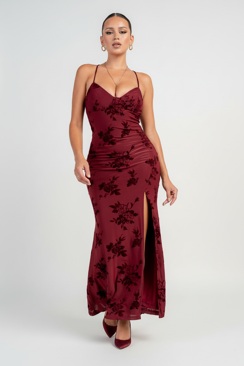 BUSTIER STRAP BACELACE UPFRONT SLIT MAXI DRESS