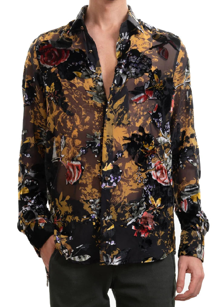 chinese dress ladies Black Floral Sheer Velvet Shirt SHIRTS Vercini
