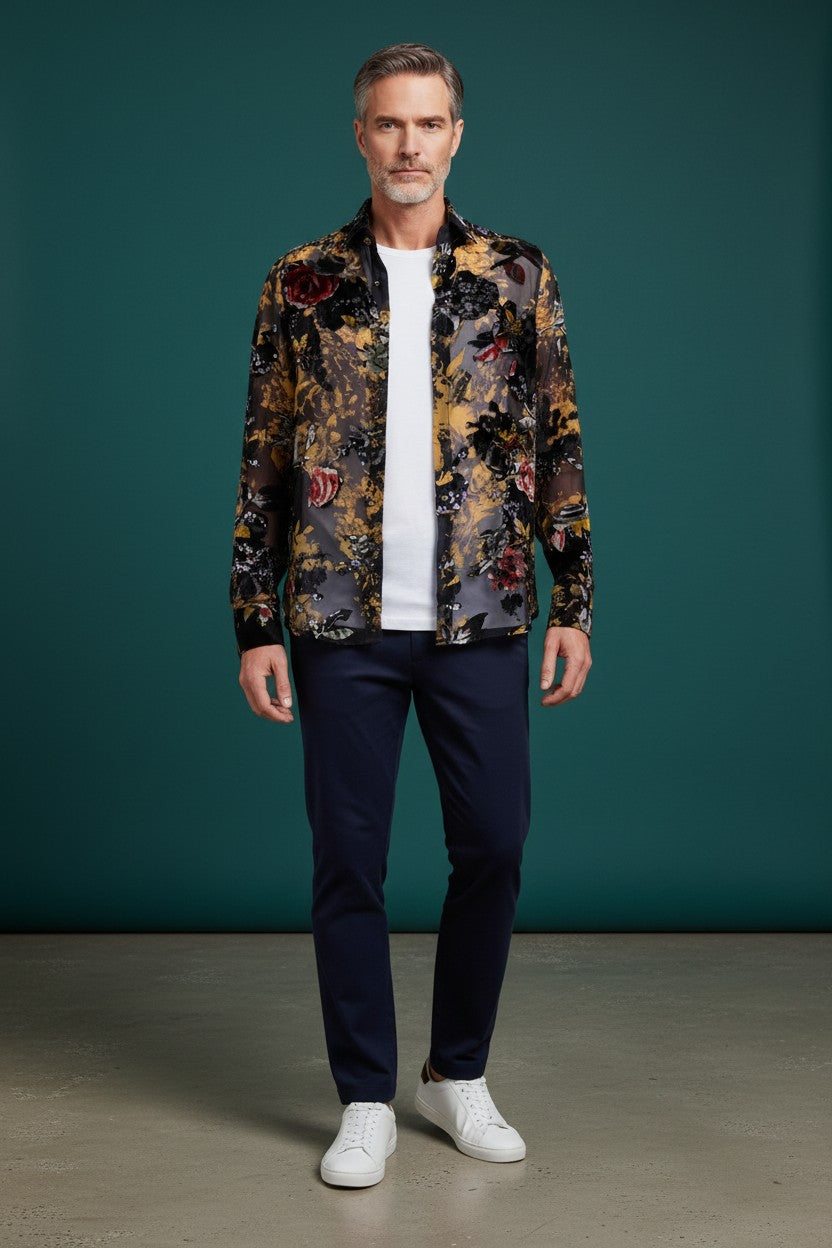 Black Floral Sheer Velvet Shirt
