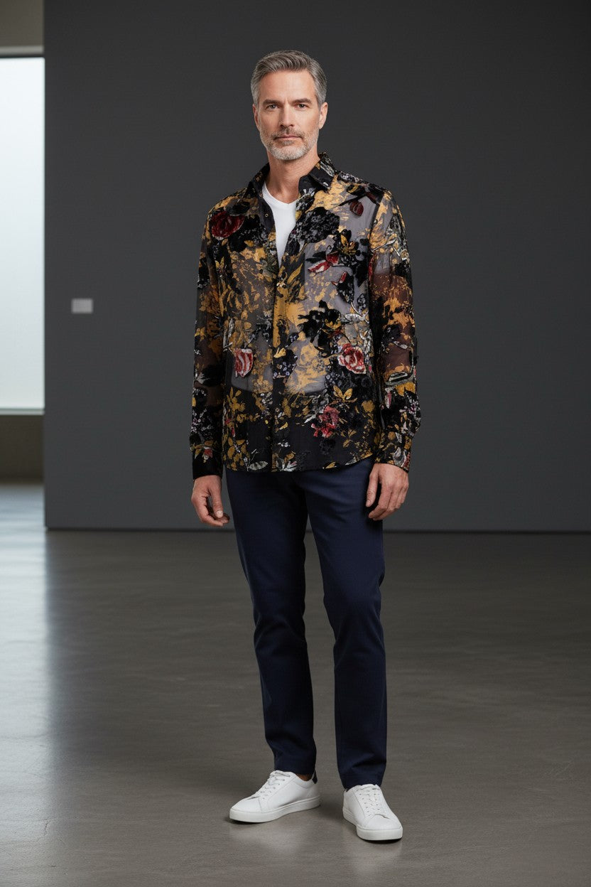 Black Floral Sheer Velvet Shirt