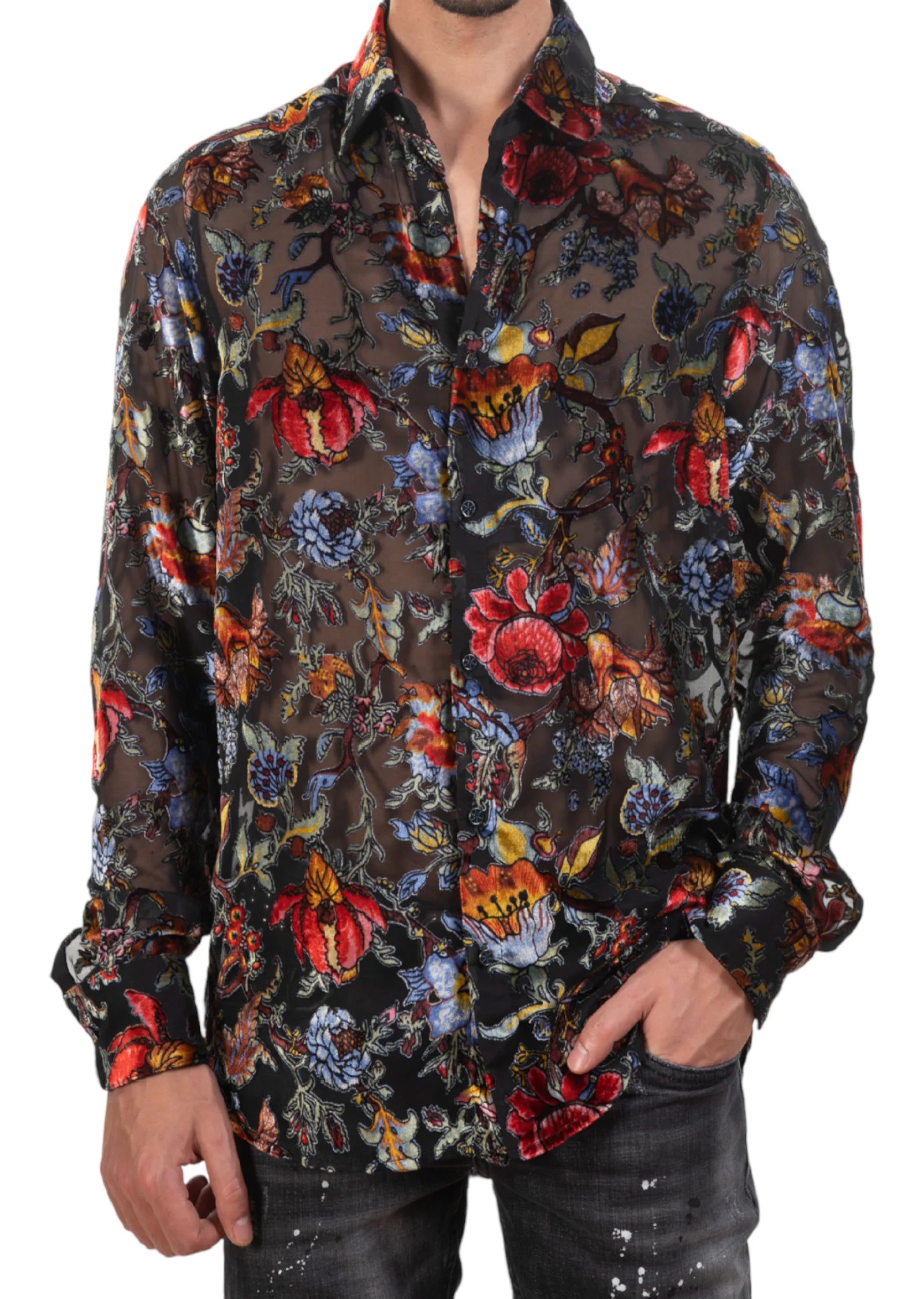 Limited Edition Black Red Blue Floral Sheer Velvet Shirt