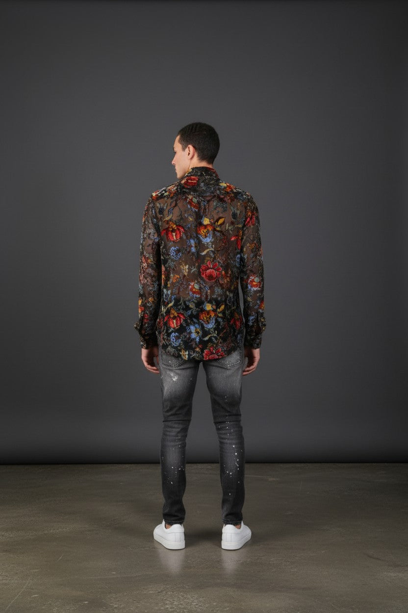 Limited Edition Black Red Blue Floral Sheer Velvet Shirt