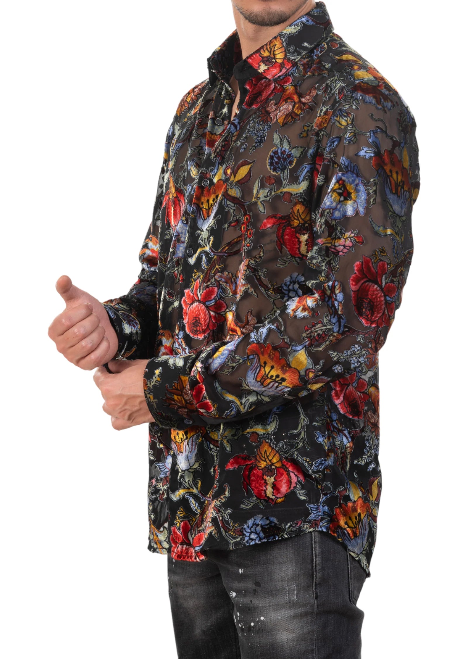 Limited Edition Black Red Blue Floral Sheer Velvet Shirt