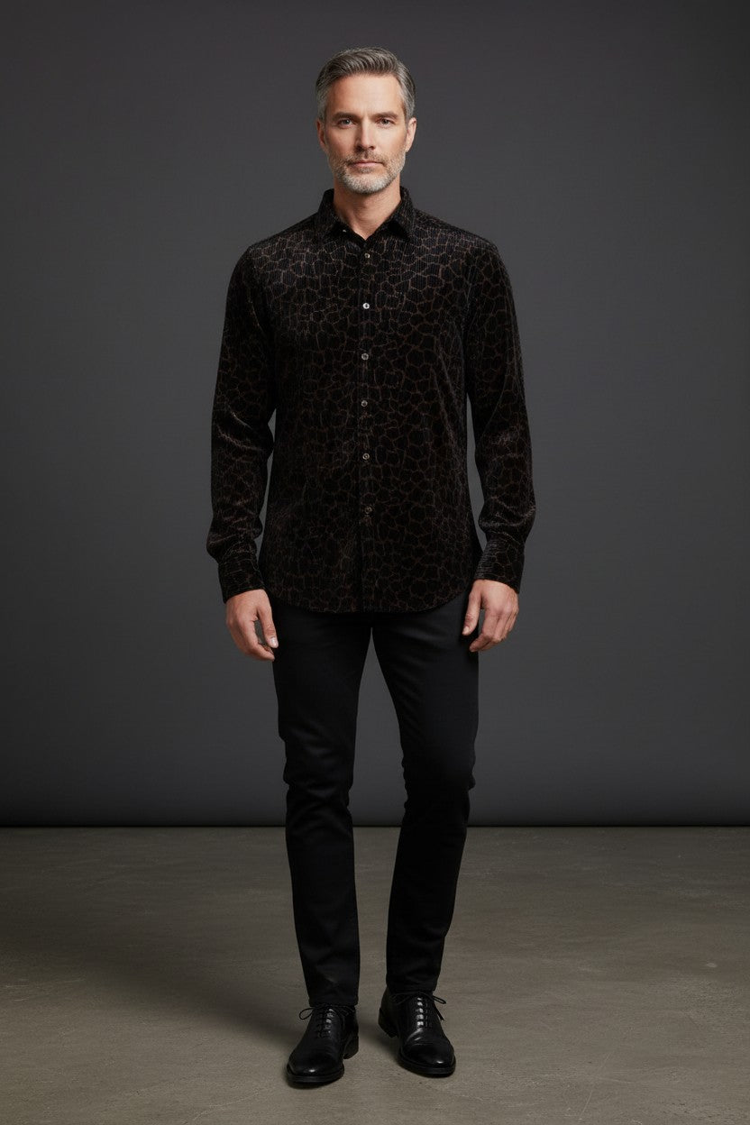 Vercini Men's Black & Gold Leopard Velvet Shirt