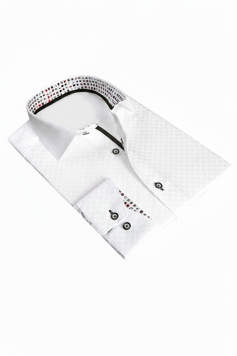 Men's White Dress Shirt with Subtle Pattern & Contrast Collar