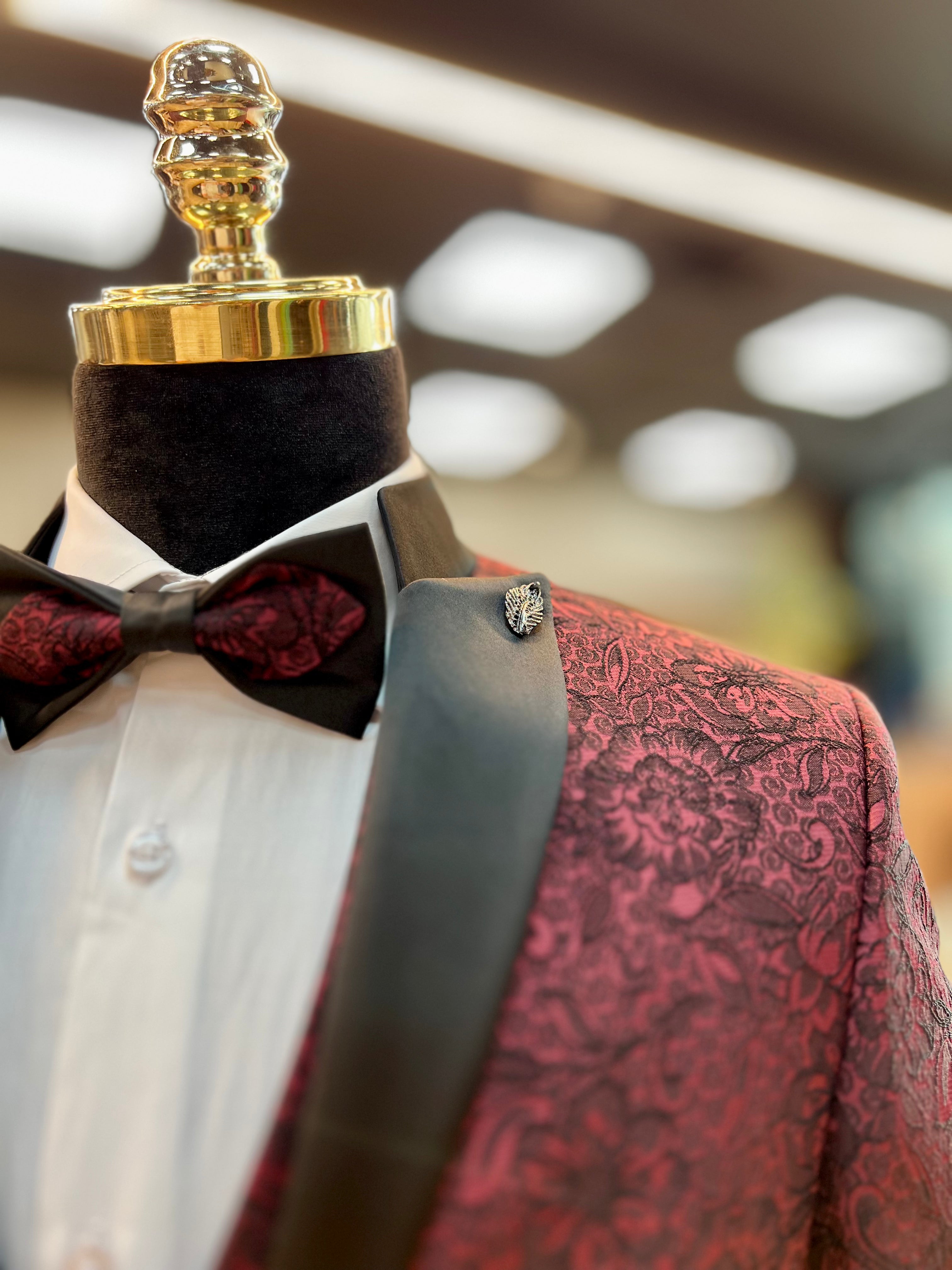 Burgundy Tuxedo with Crochet Pattern - Slim Fit