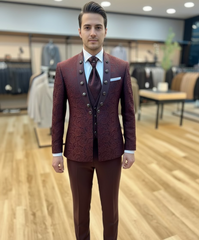 Regal Charm Burgundy Patterned Tuxedo for a Bold Statement