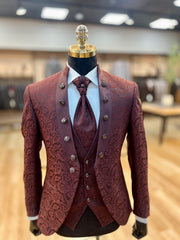 Regal Charm Burgundy Patterned Tuxedo for a Bold Statement