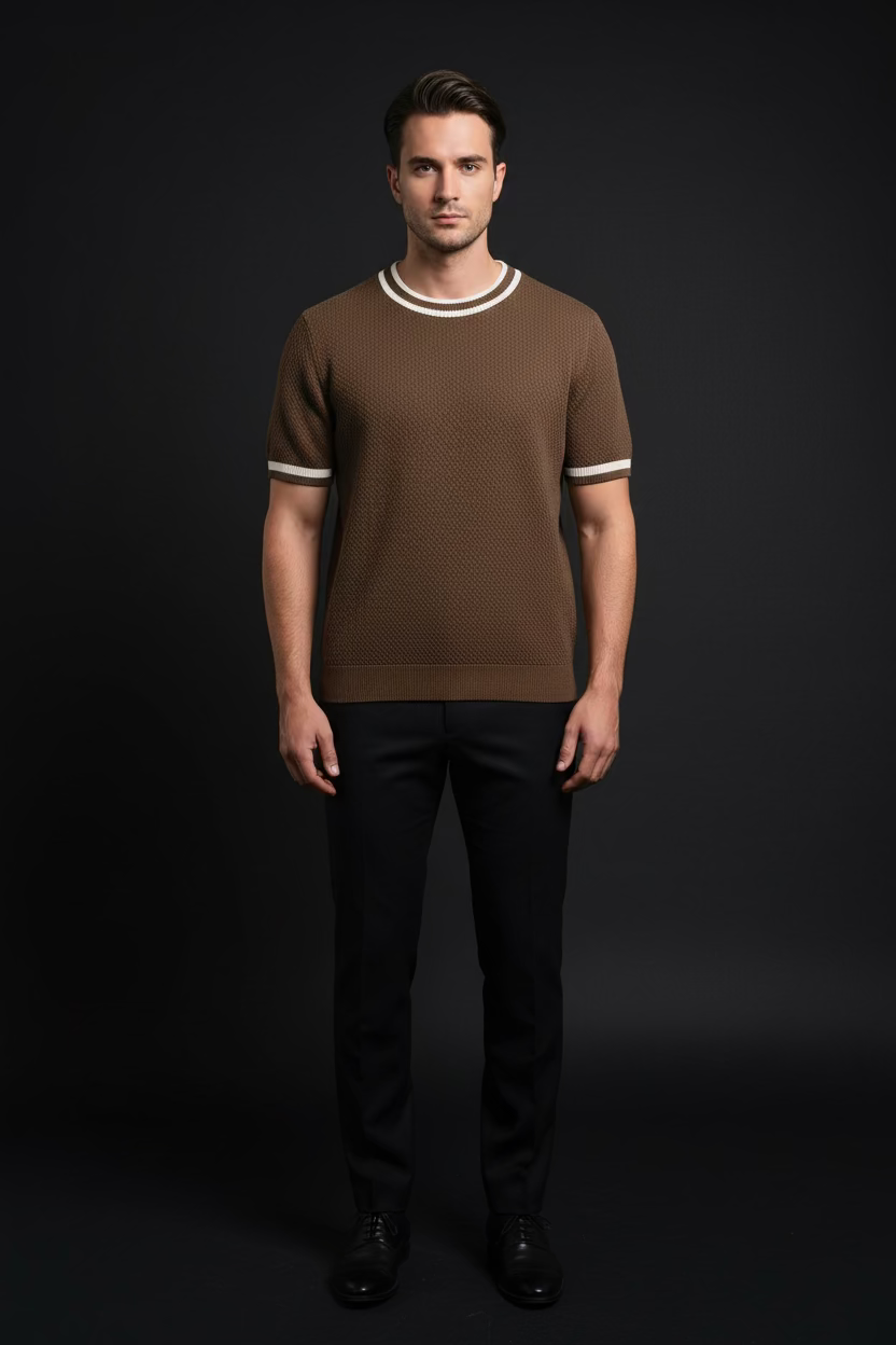 Modern Textured Knit Cotton Sweater with Contrast Trim