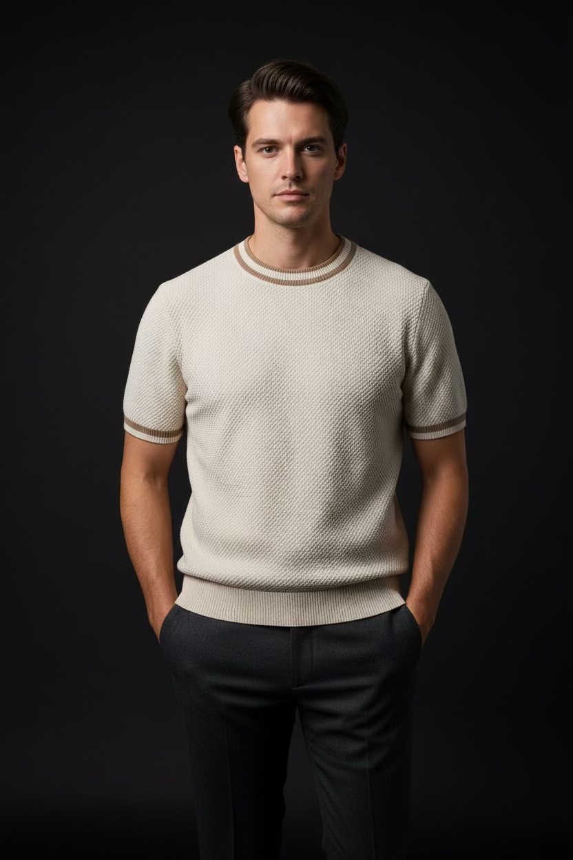 Modern Textured Knit Cotton Sweater with Contrast Trim