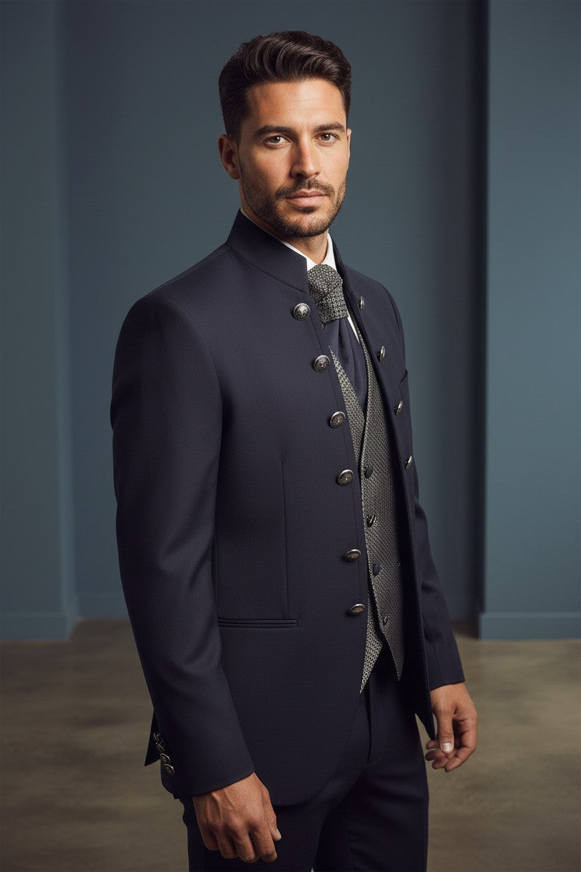 Navy Mandarin Collar Suit with Double Button Detail & Patterned Vest
