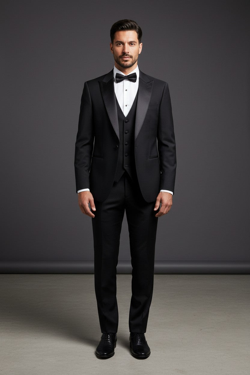 Classic Black Tuxedo with Satin Peak Lapel and Hand-Stitched Detailing