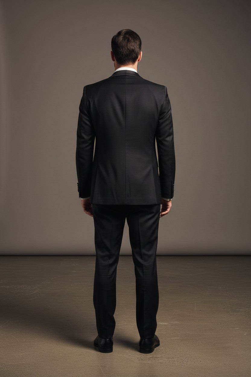 Classic Black Tuxedo with Satin Peak Lapel and Hand-Stitched Detailing