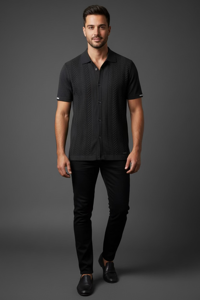 Men’s Textured Knit Short Sleeve Button-Up Shirt