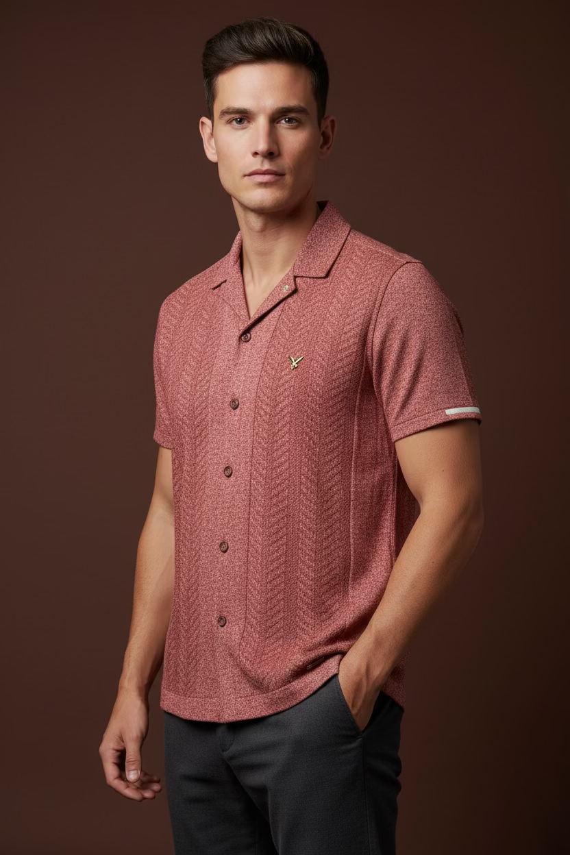 Men’s Textured Knit Short Sleeve Button-Up Shirt