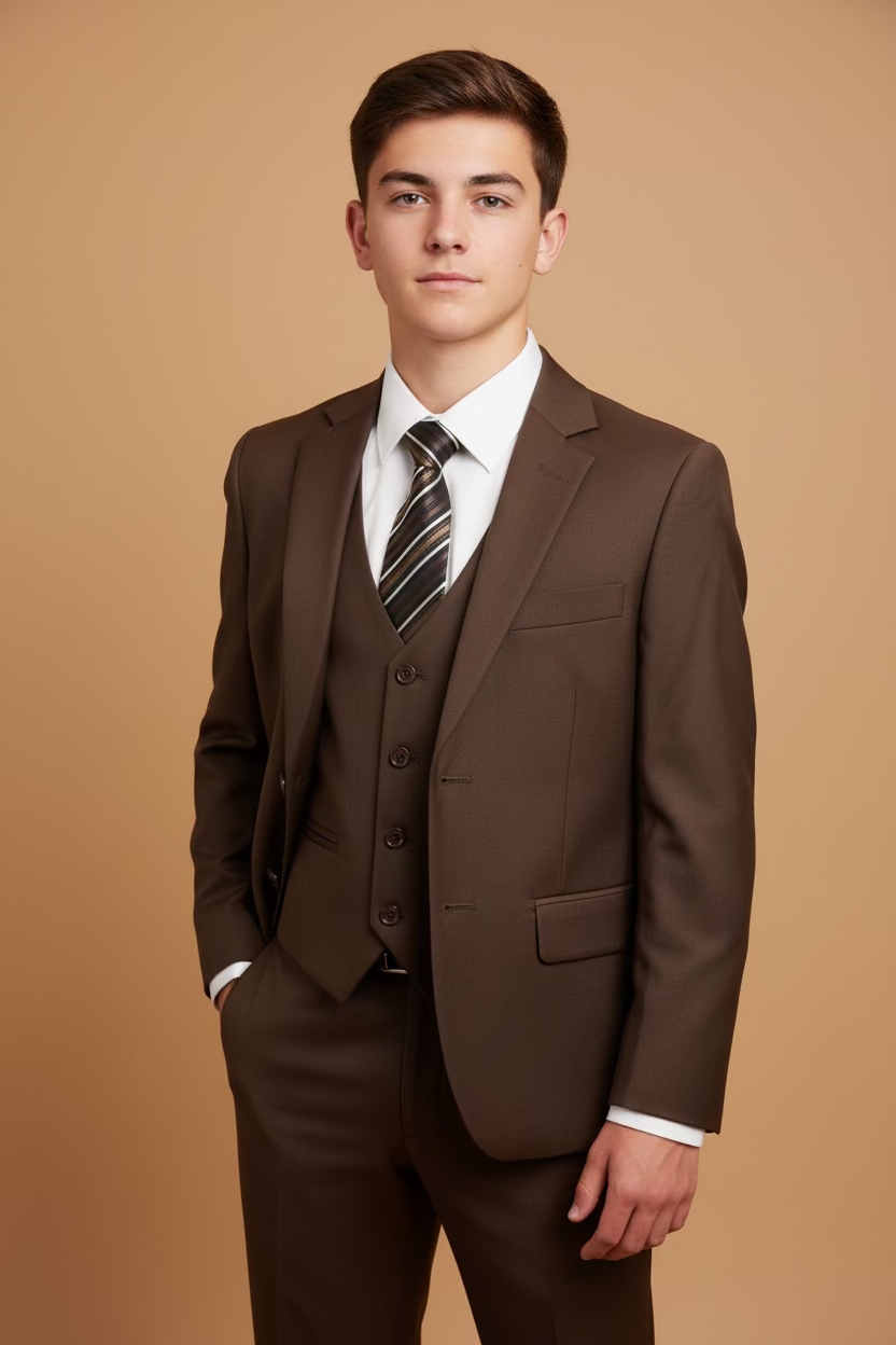 Boys Classic Chocolate Brown Suit Set – 5 Piece Formal Outfit