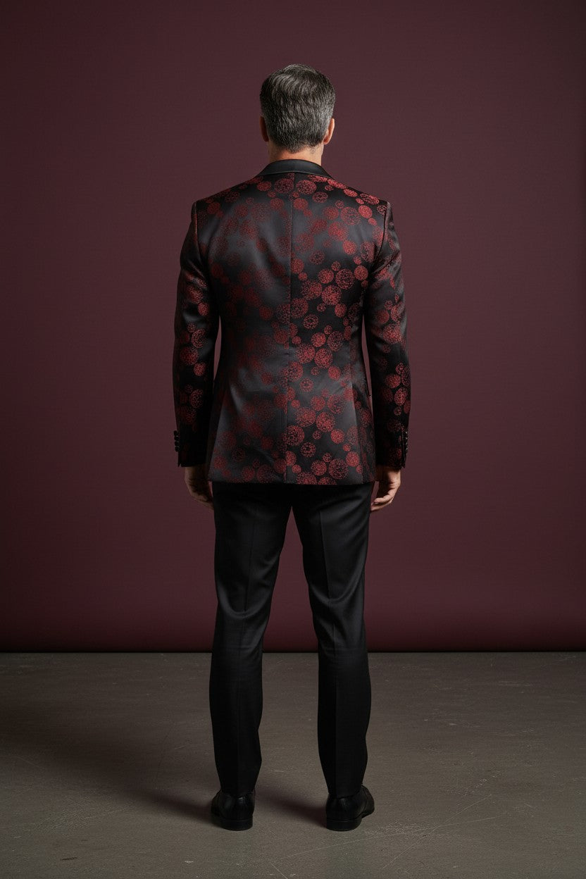 Luxury Floral Pattern Tuxedo – Sleek & Elegant in Red and Blue