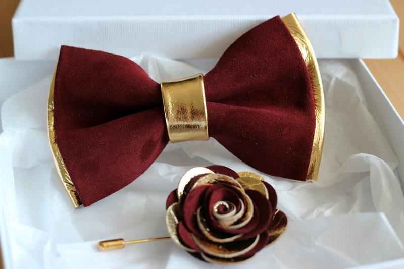 Velvet Elegance: Bow Tie and Bloom with Lapel Charm